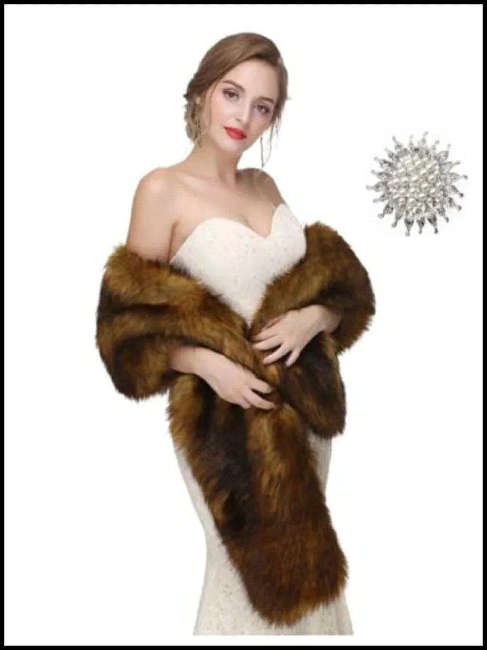 Bridal Faux Fur Wrap Stole with Brooch Evening Party Cape Shrug